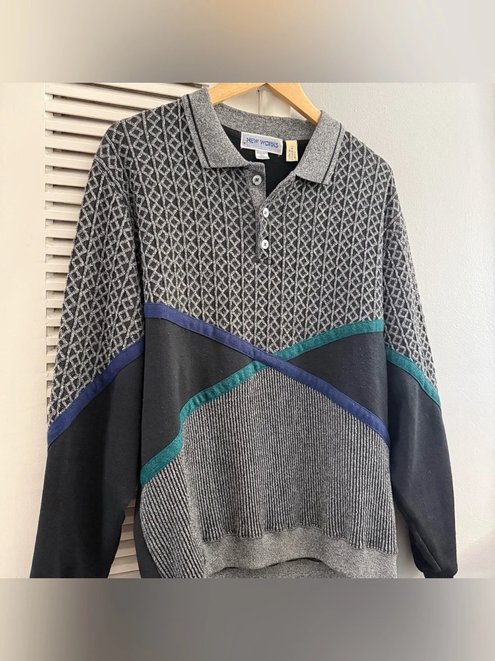 Vintage 90’s NEW WORKS Button-Up Knit Sweater Black / Grey Sz Large
